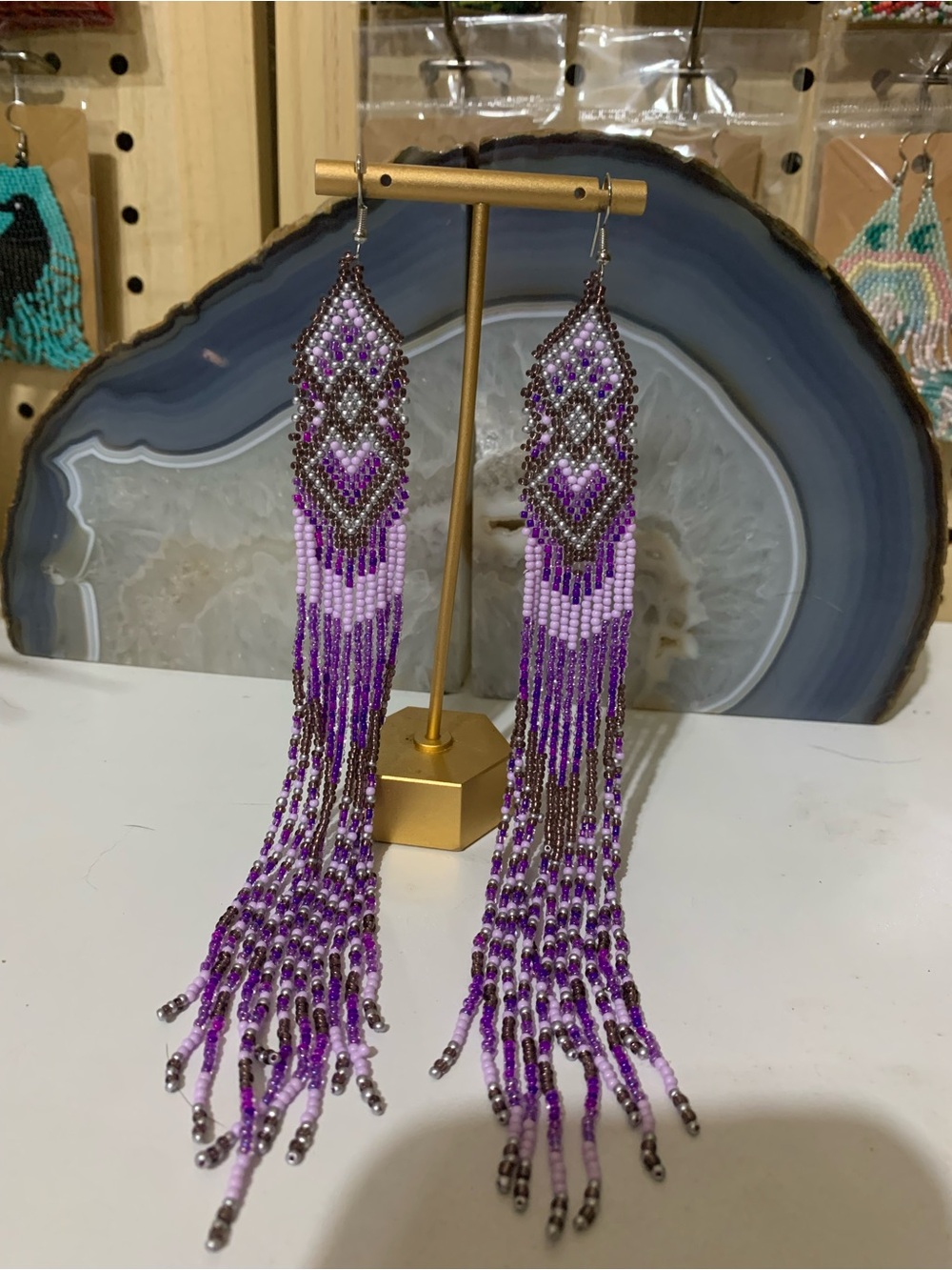 Handmade Purple Fringe Beaded Earrings with Silver Accents